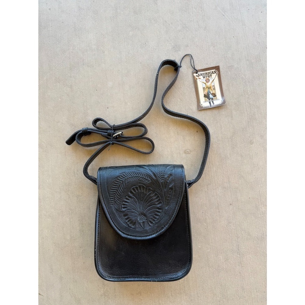 NWT American West Black Leather Tooled Crossbody Bag Floral Western Purse